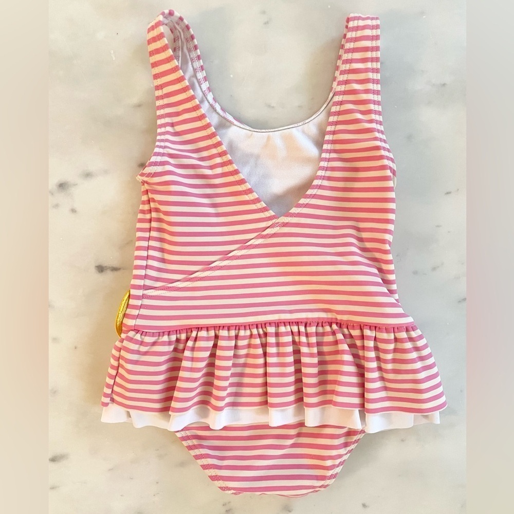 Mini Boden Pink Striped Ruffle Fruit Swimsuit - Picture 3 of 6
